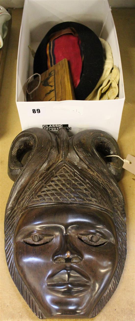 Early 20C African carved wood mask, Holy Land olivewood pressed flowers book, leather motorcycling cap & sundries